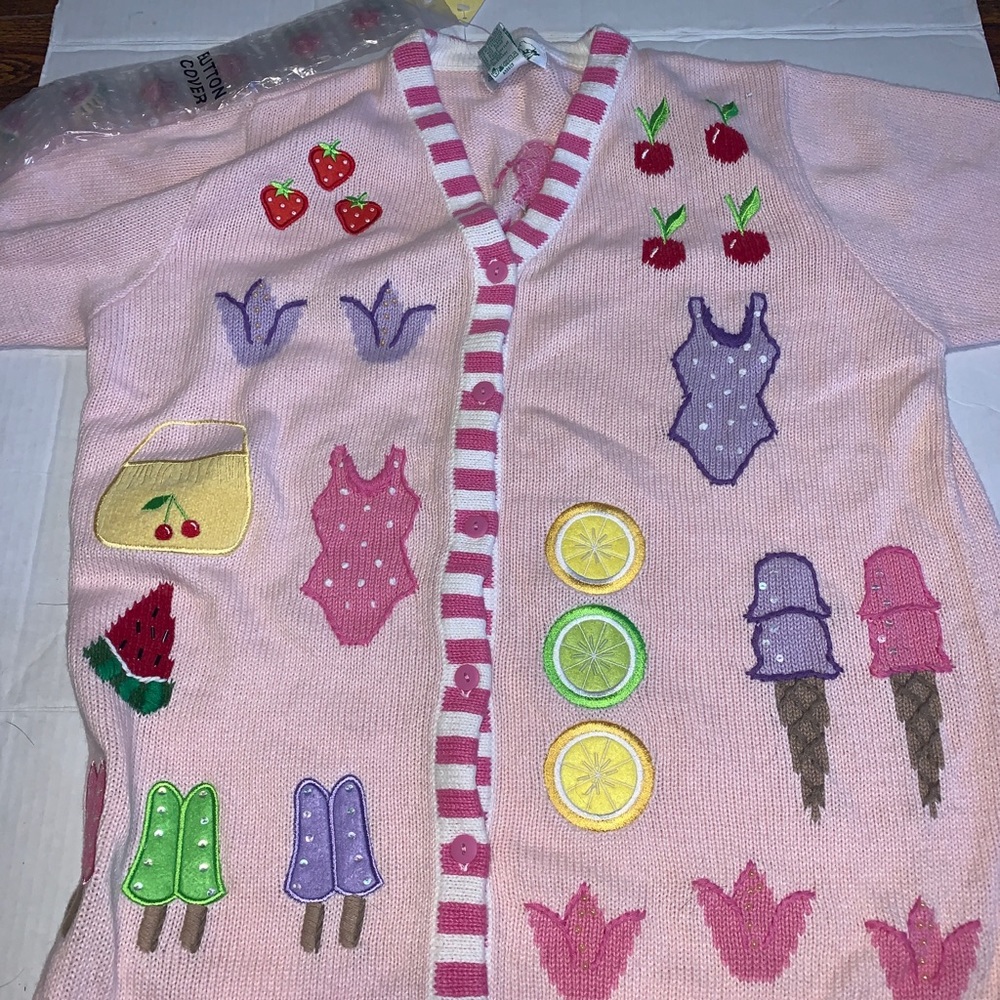 The Quacker Factory Pink Cardigan Sweater applique Popsicles Ice Cream M (bin119